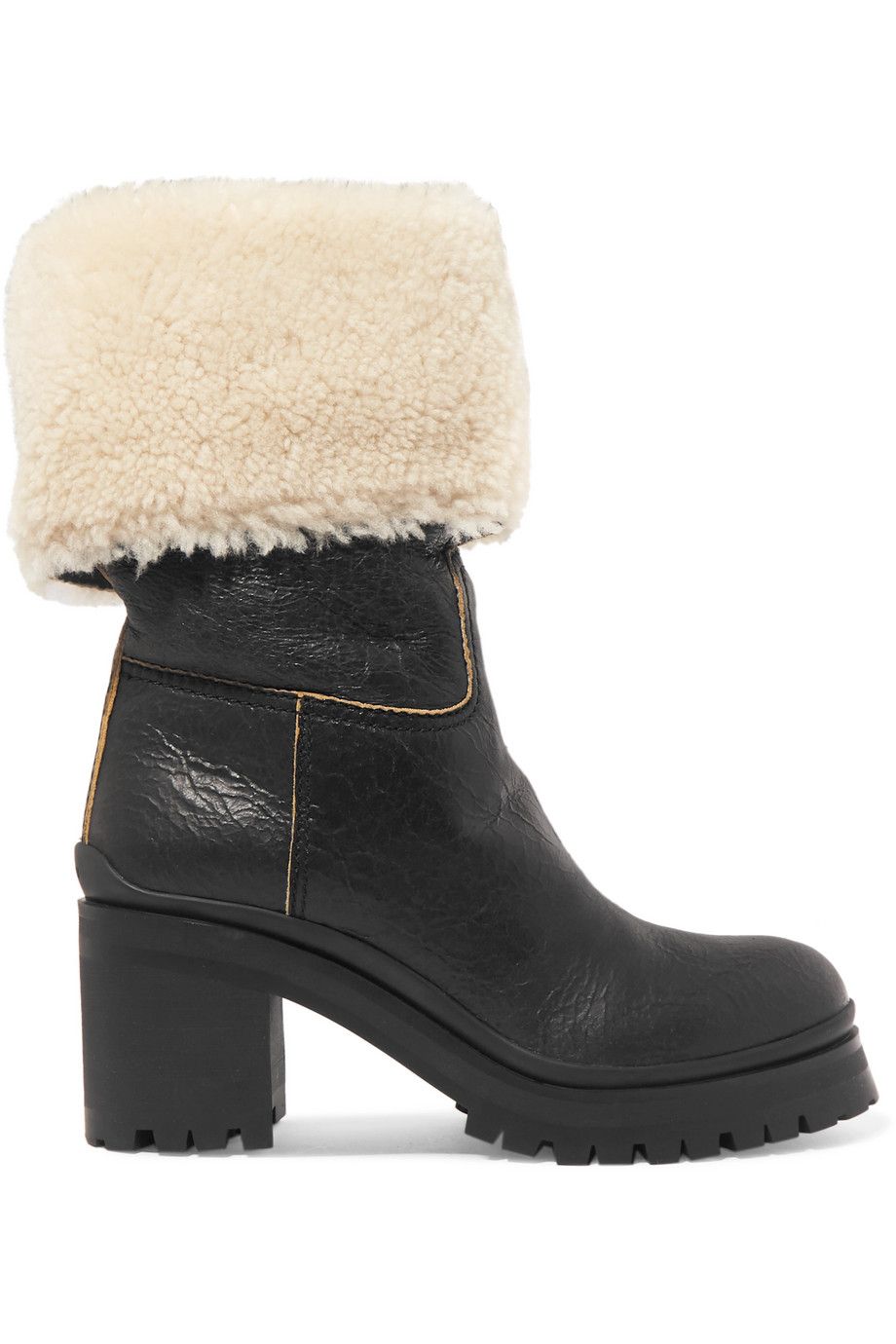 Shearling-Trimmed Leather Boots