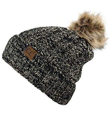 Cable Knit Faux Fur Pom Fleece-Lined Beanie