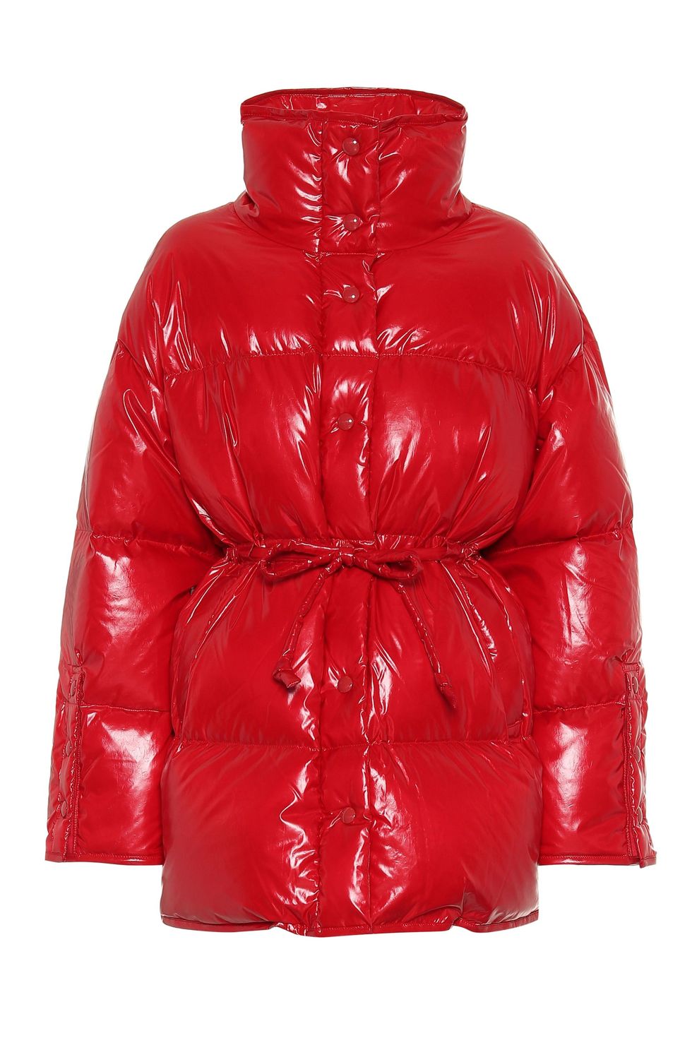 Well lit fashion portrait in a cold snowy day of a woman wearing a metallic  inflatable oversized bubble puffer jacket designed by moncler and  balenciaga, in desert sharp focus, clear, intricate, cinematic