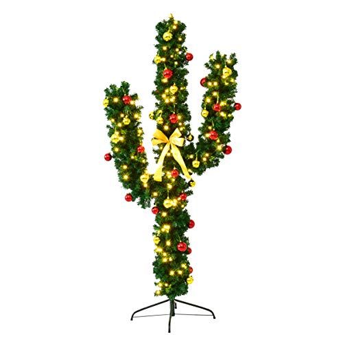 Goplus Pre-Lit Artificial Cactus Christmas Tree with LED Lights and Ball Ornaments