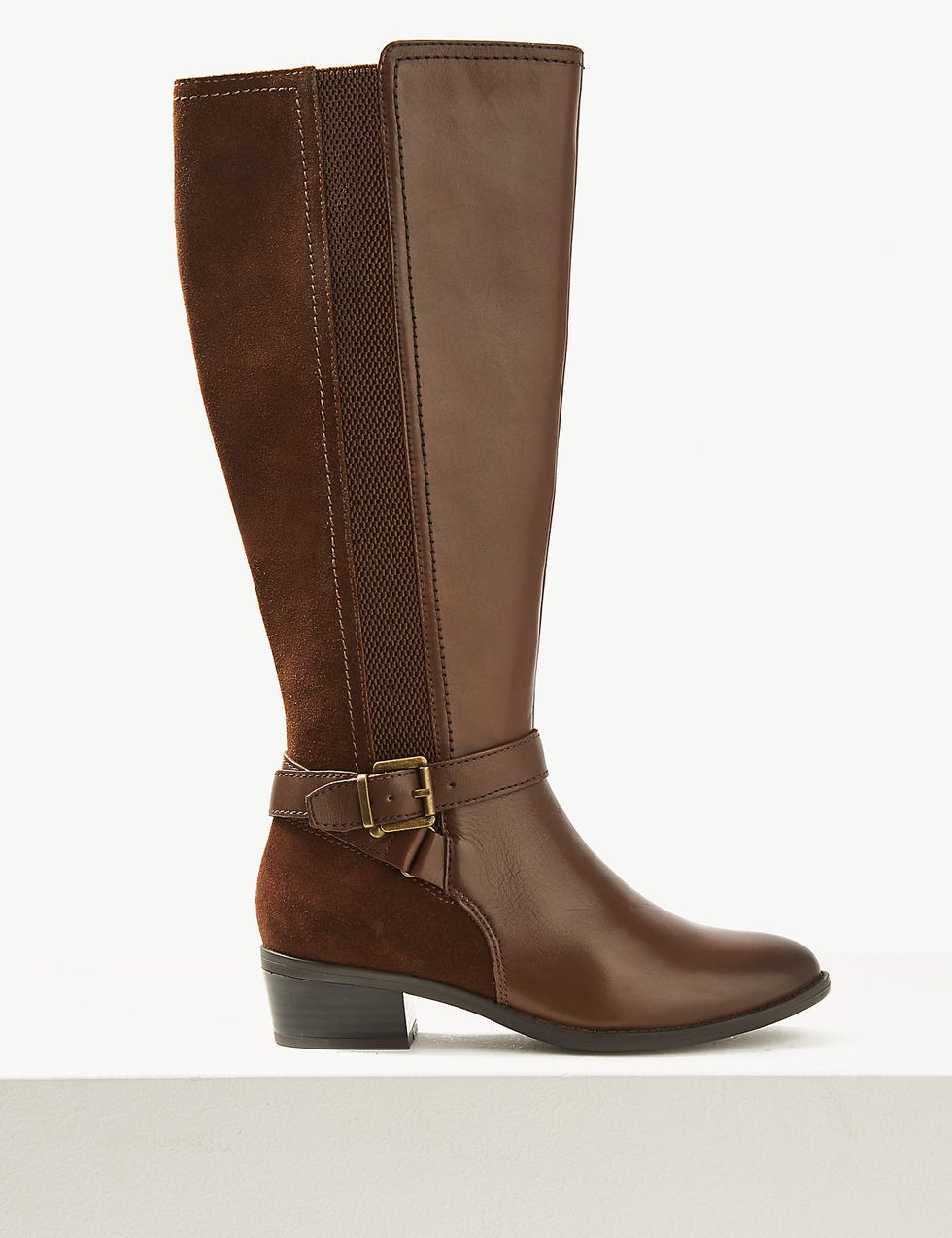 Leather Block Heel Strap Knee Boots