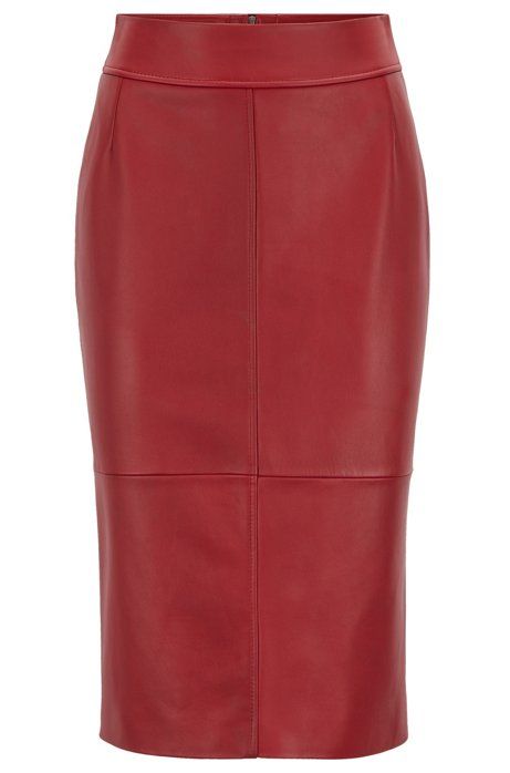 Red Leather Panelled Pencil Skirt  Long leather skirt, Red leather skirt, Leather  skirt