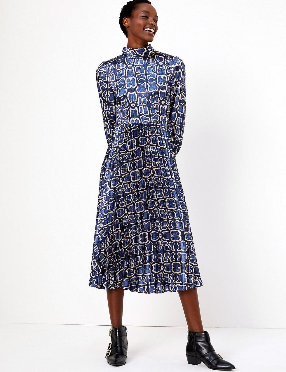 Satin Snakeskin Print Waisted Midi Dress