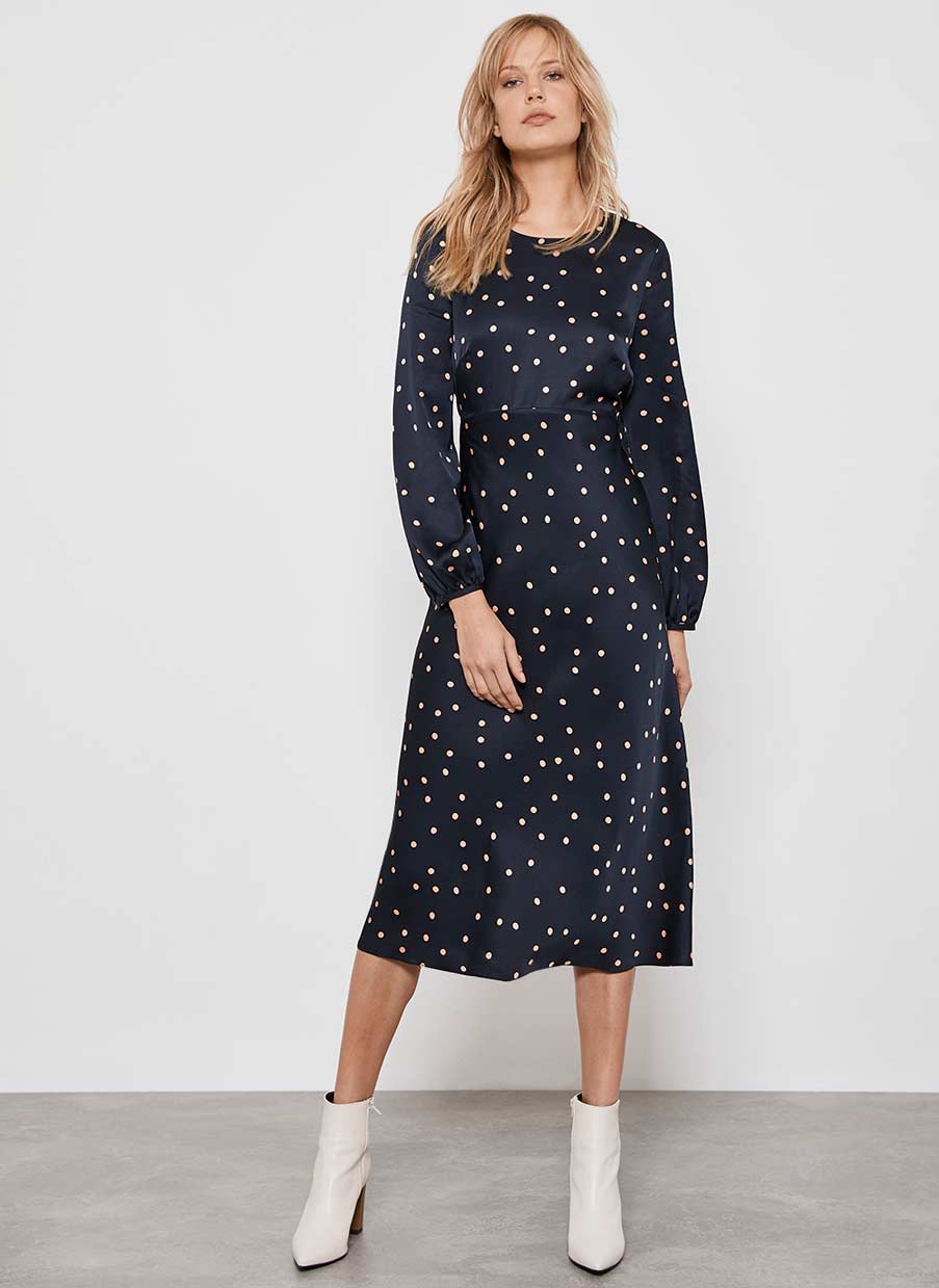 Navy Spot Satin Midi Dress, £139