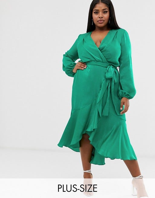 Wrap Front Satin Midi Dress 