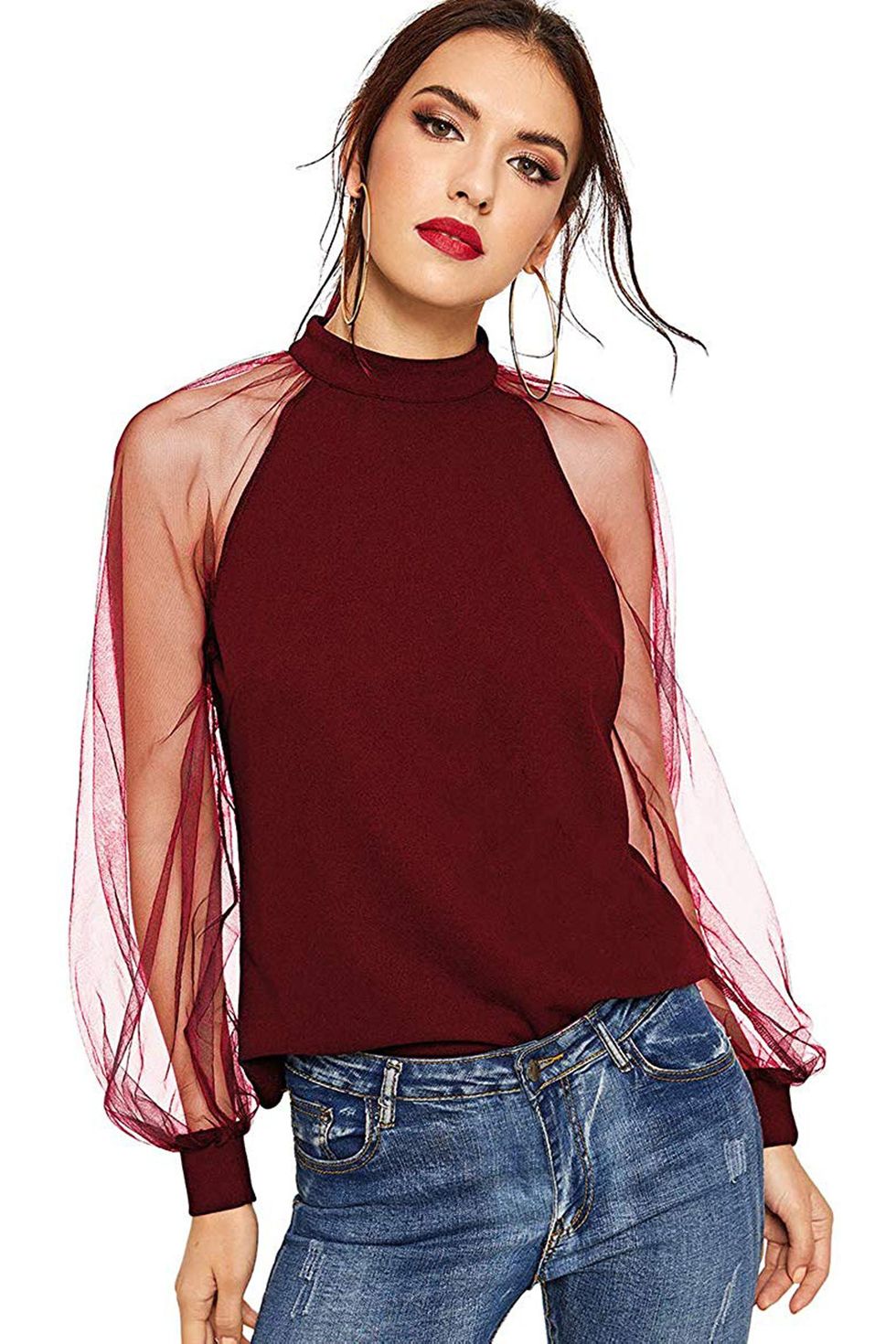 Mesh Sheer Long-Sleeve Puff Solid Loose Party Blouse