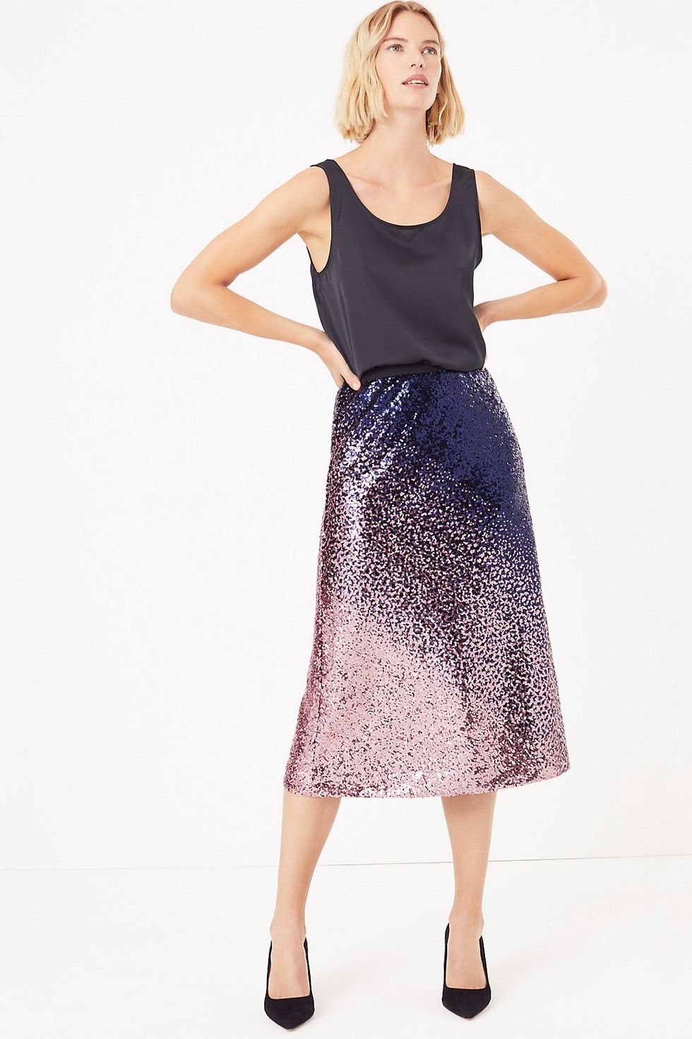 Ombre Sequin Slip Midi Skirt