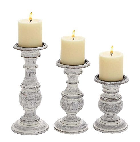 Distressed White Wood Candle Holders﻿