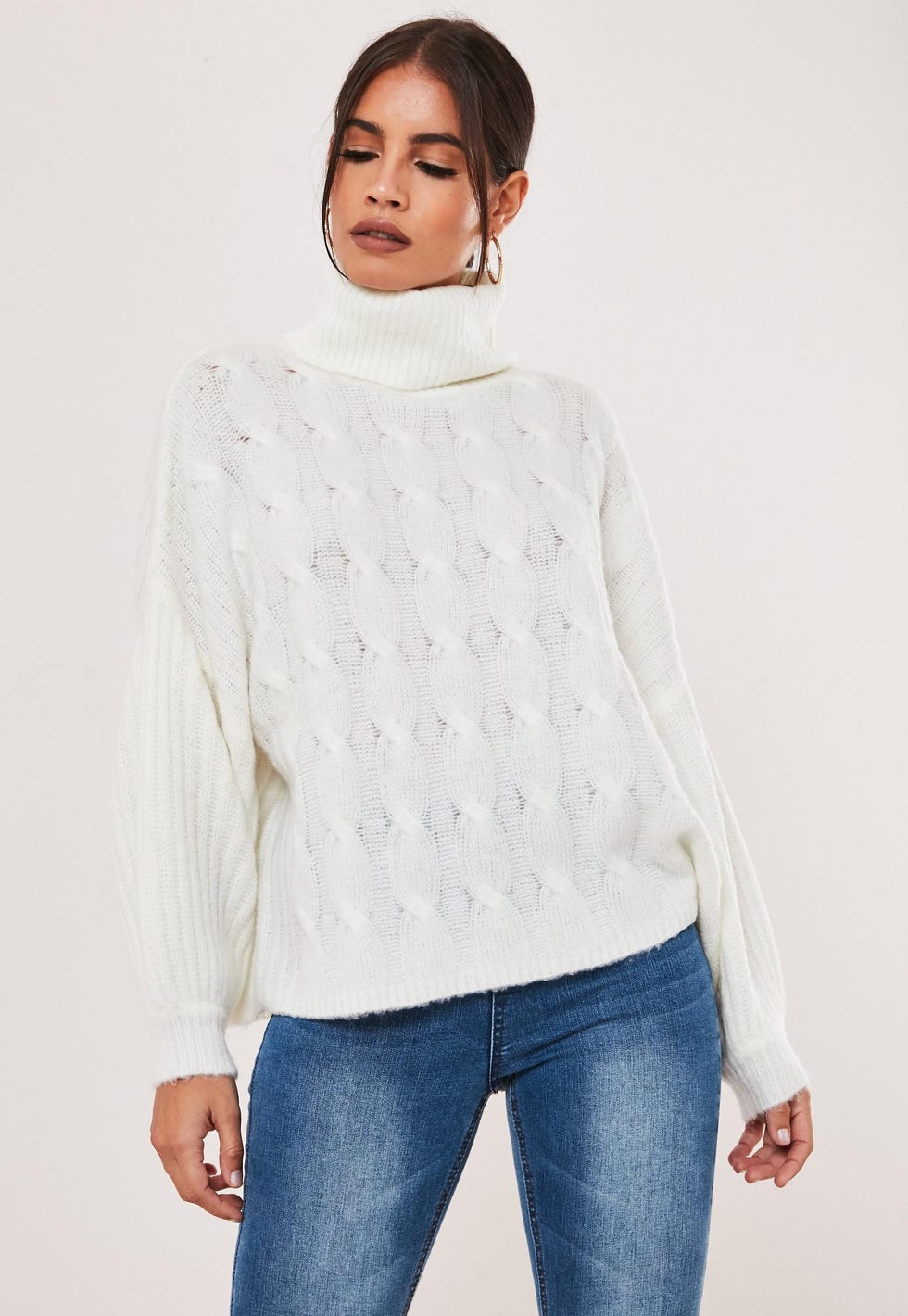 White Roll Neck Cable Knit Extreme Oversized Jumper