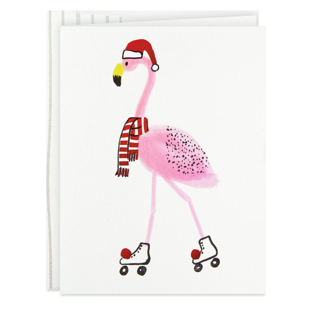 Flamingo in Santa Hat on Roller Skates Christmas Card