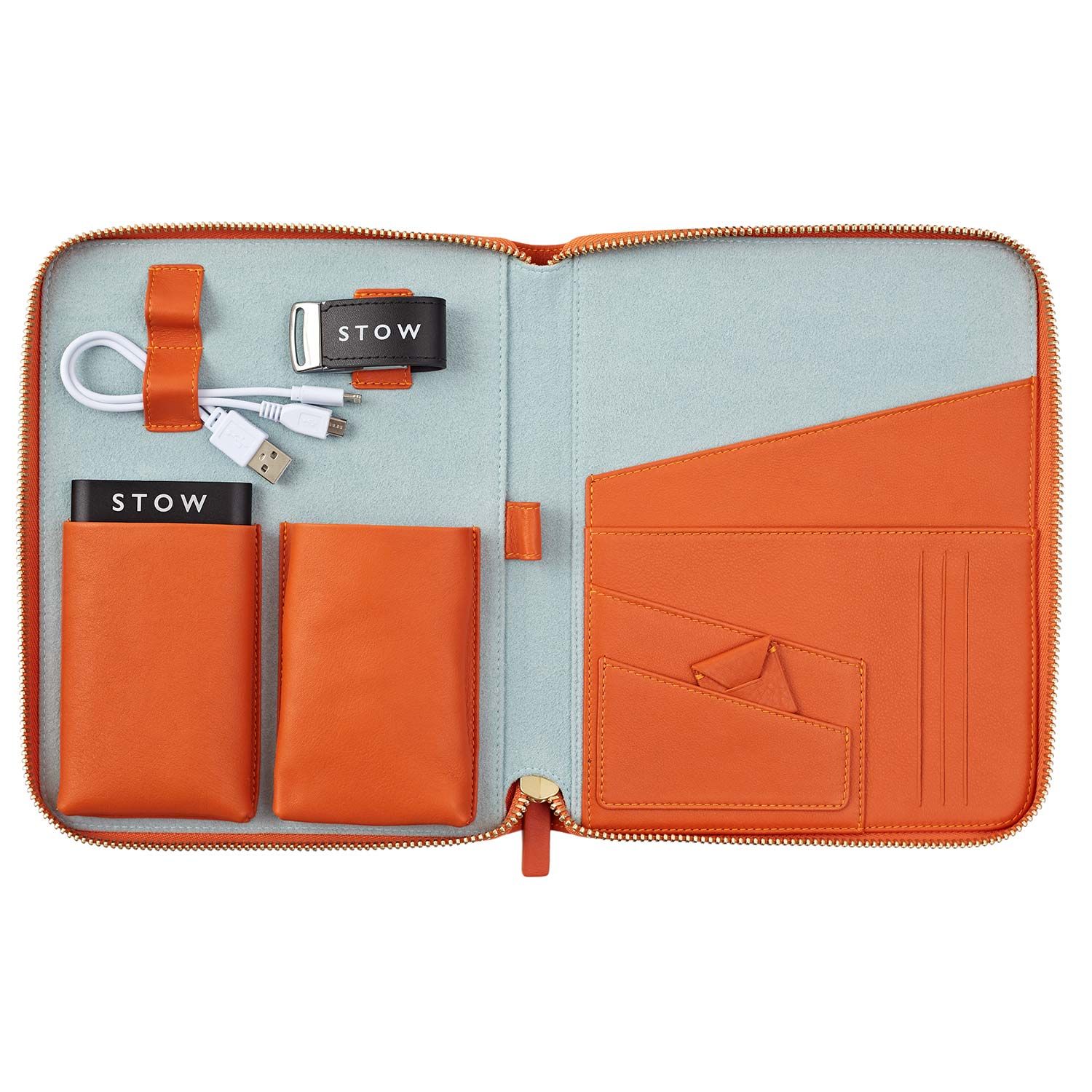The First Class Leather Tech Case – Amber Orange & Dusty Aqua