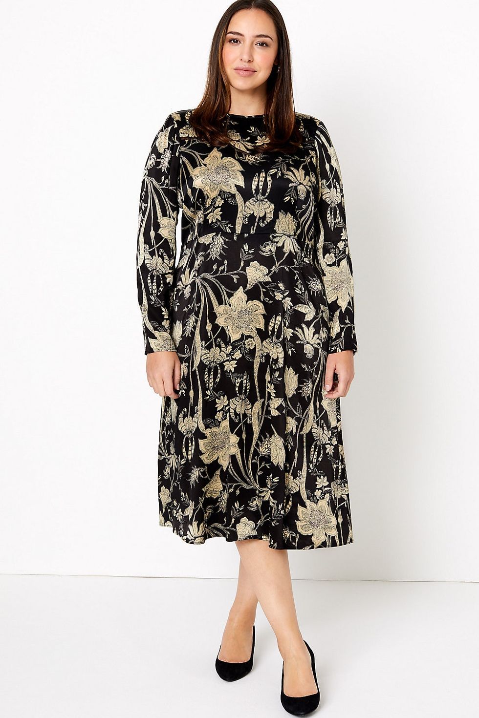 M&S Collection Satin Floral Print Waisted Midi Dress 