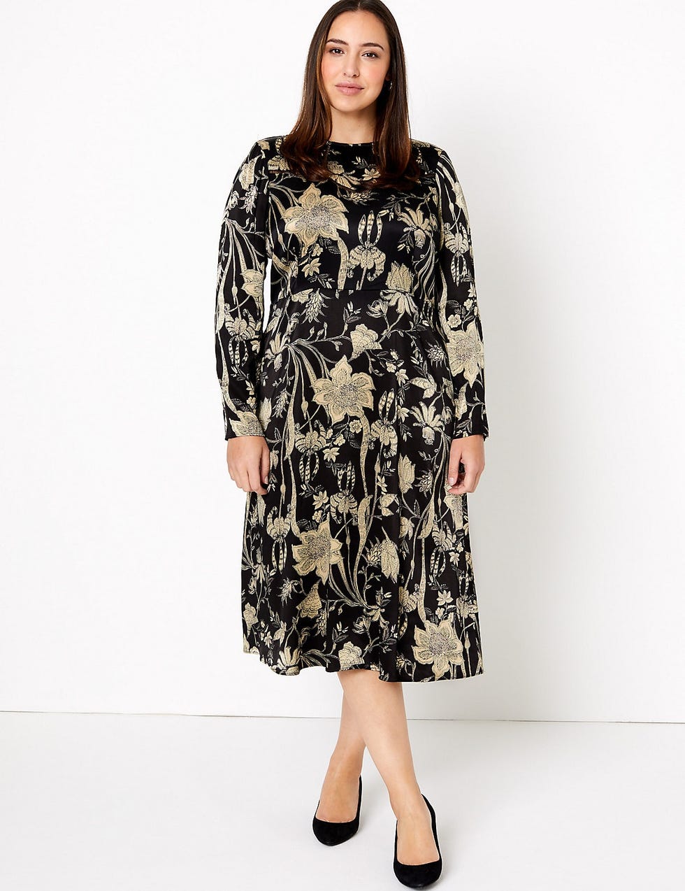 M&S Collection Satin Floral Print Waisted Midi Dress 