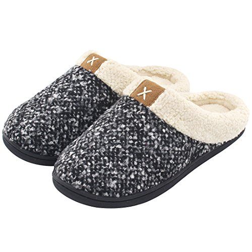 Women's Comfort Memory Foam Slippers Wool-Like Plush Fleece Lined House Shoes w/Indoor, Outdoor Anti-Skid Rubber Sole (Small / 5-6 B(M) US, Black)