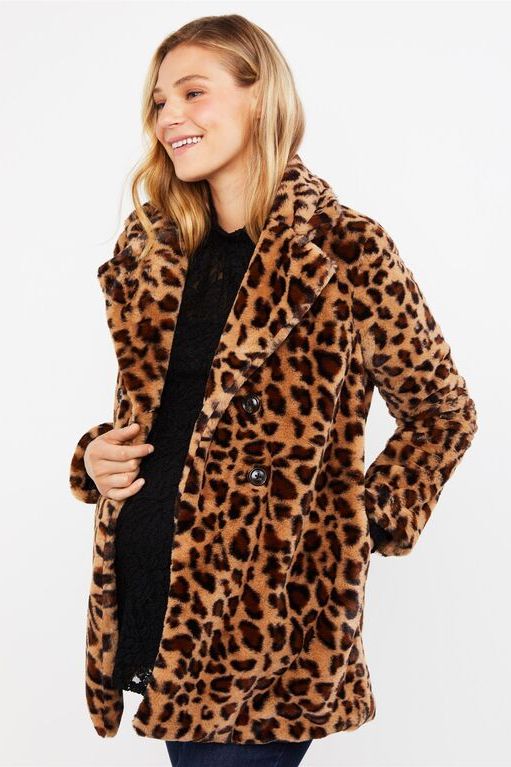 Leopard Print Faux Fur Maternity Coat