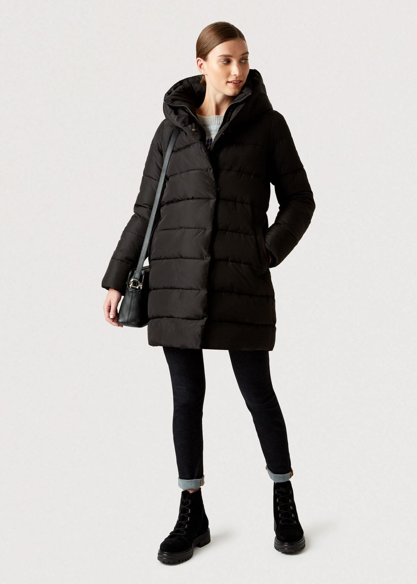 black mid length puffer coat