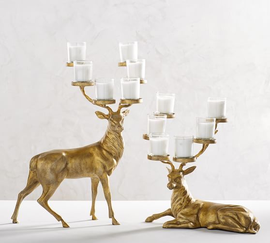 Village Candle Gold Glitter Reindeer Christmas Glass Hurricane Candle Holder 