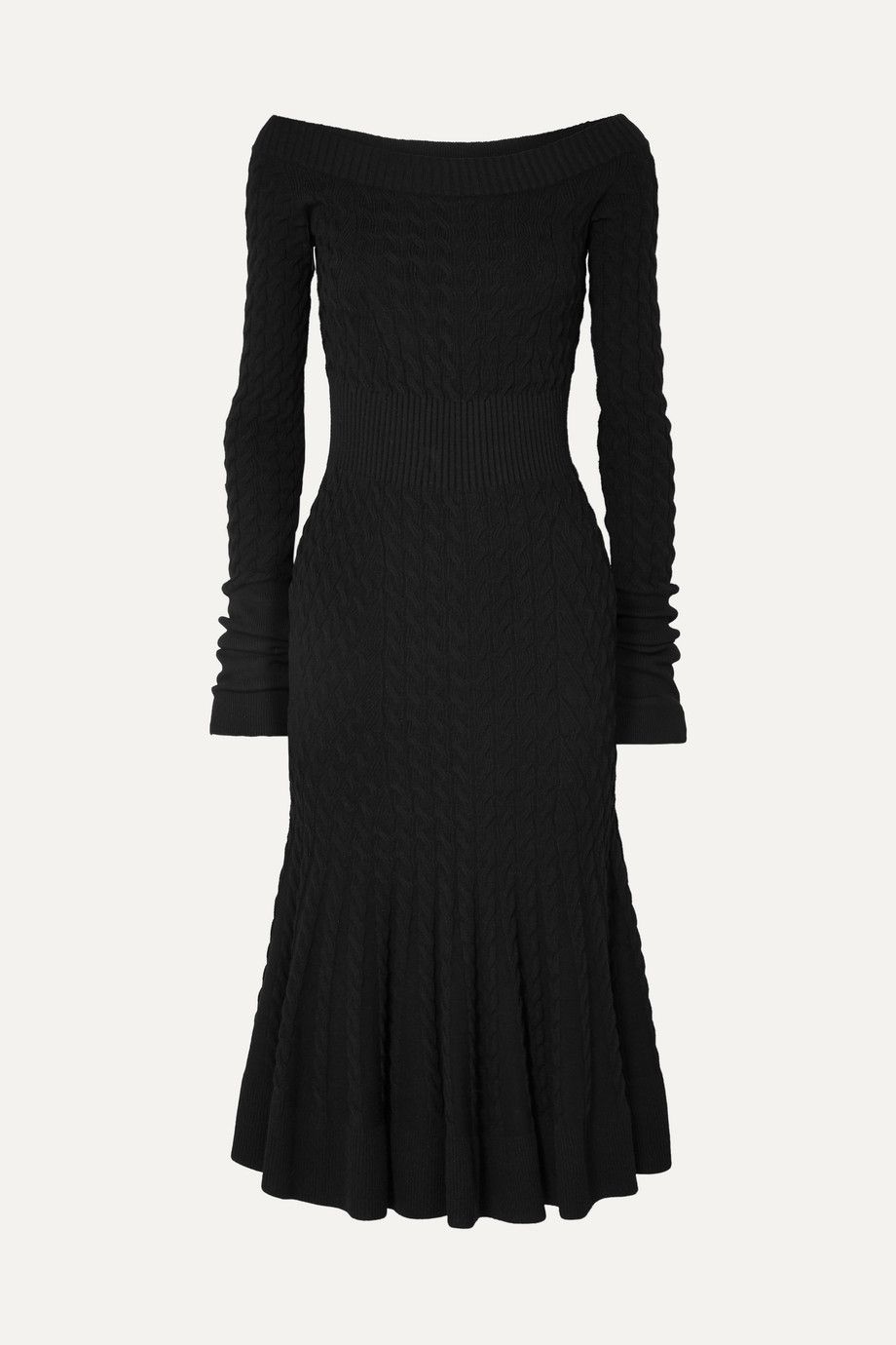 Off-shoulder cable-knit wool-blend dress