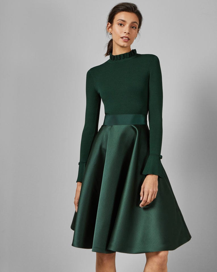 Frill Neck Full Skirt Dress