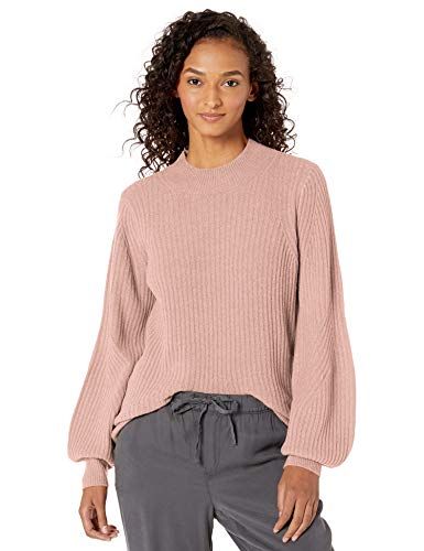 Daily Ritual Mid-Gauge Stretch Balloon Sleeve Crewneck Sweater Pullover-Sweaters, Pale Mauve, US S (EU S - M)