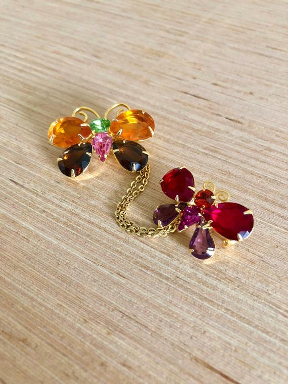 Vintage Multi Color Rhinestone Butterfly Pins 