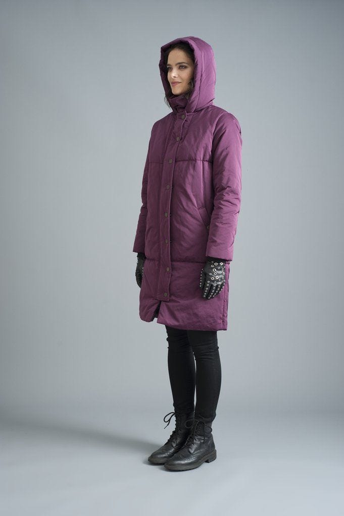 The Satin Casto Parka in Eggplant