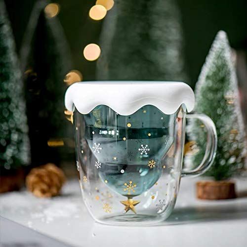 Tazza da caffè natalizia da 295 ml in vetro doppio con coperchio 