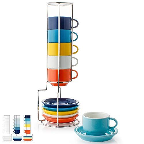Sweese - Set di 6 tazzine da caffè impilabili in porcellana con piattini e supporto in metallo Colori assortiti.