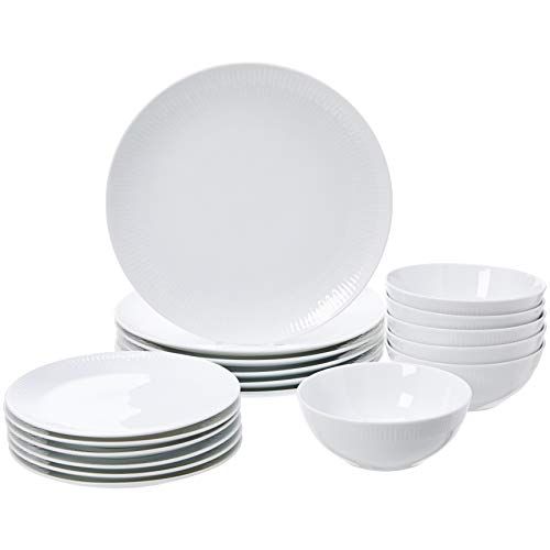 AmazonBasics - Servizio di piatti per 6 persone, 18 pezzi, Porcellana bianca con bordino