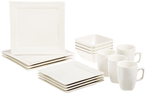 AmazonBasics - Servizio di piatti di porcellana per 4 persone, modello Premium Classic quadrato, 16 pezzi, colore: bianco