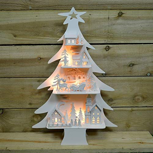 The Christmas Workshop - Alberello di Natale in Legno con 8 luci LED e Motivo a Città incastonata tra i Rami, Colore: Bianco