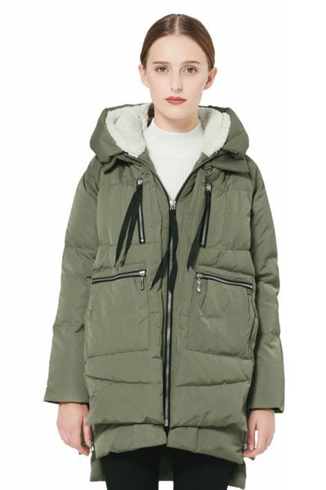 fitted winter down coat with hood and fur trim