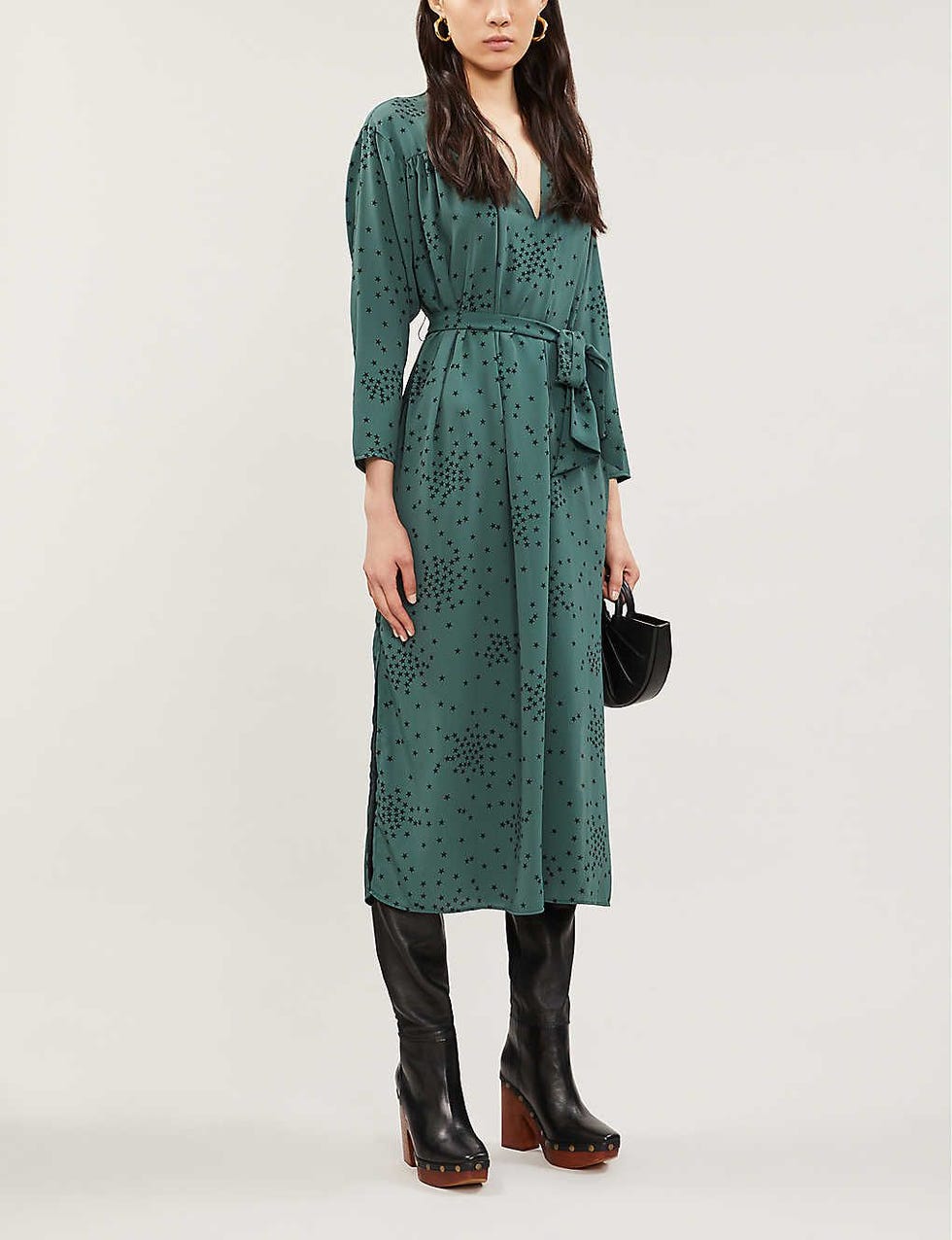 Star Print Crepe Midi Wrap dress