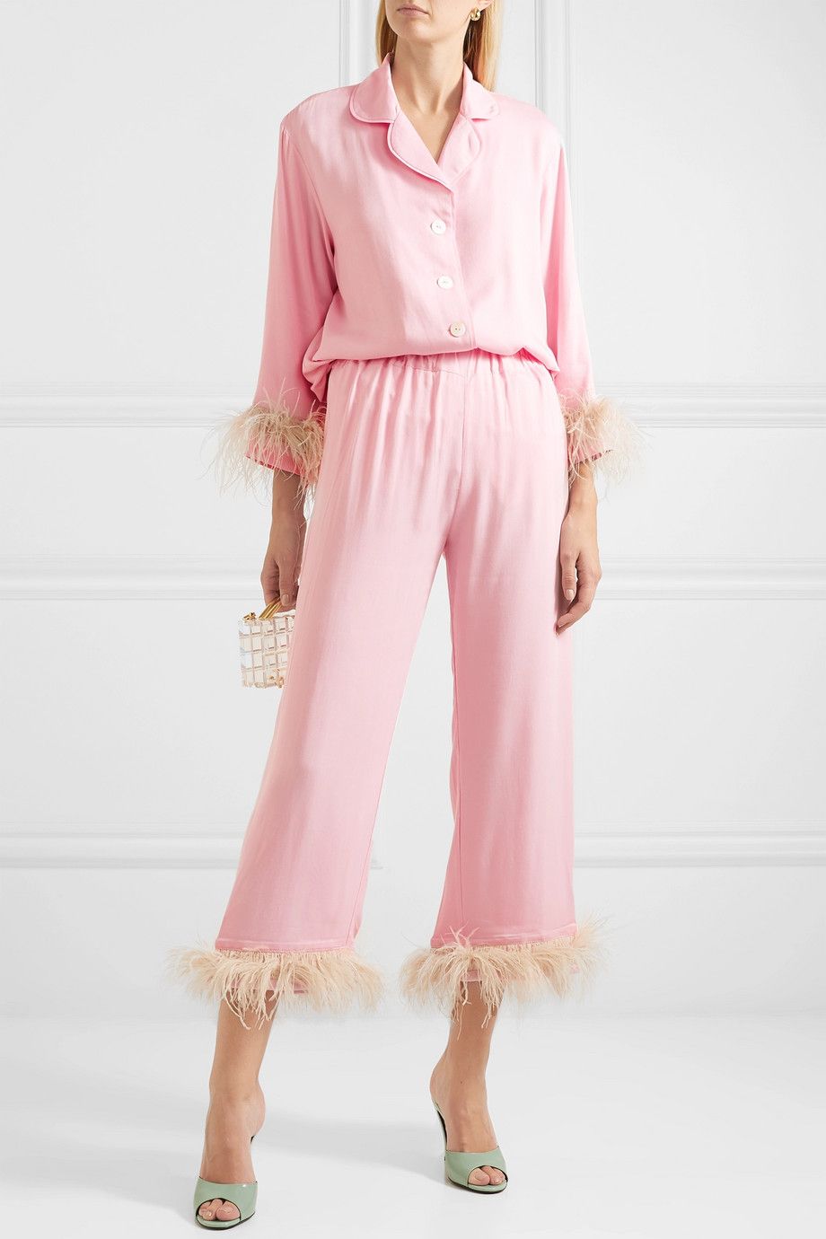 Satin and Feather-Trimmed Crepe de Chine Pajama Set