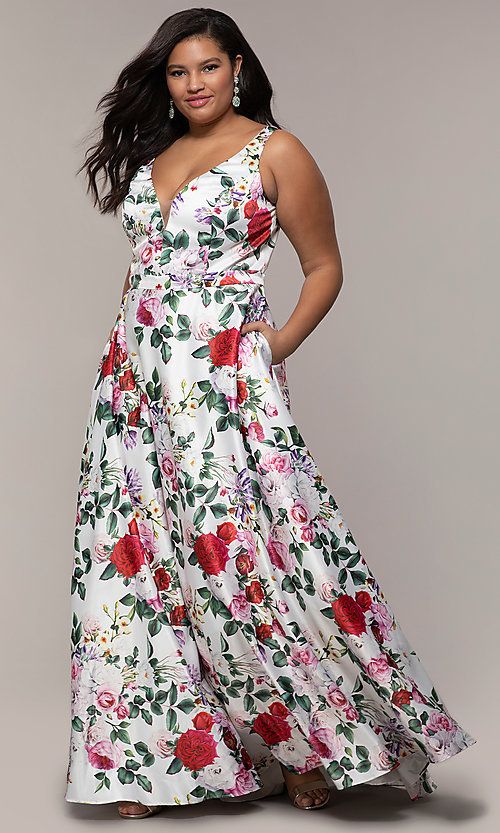 Long Floral-Print Plus-Size Prom Dress