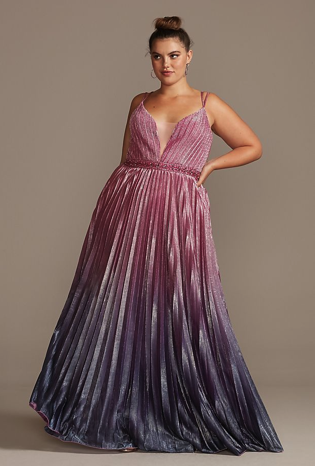 Pleated Ombre Plus Size Gown with Plunge Illusion