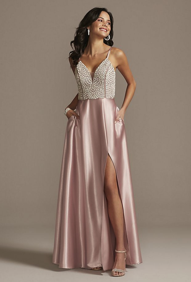 Plunging-V Beaded Bodice Satin Gown with Slit