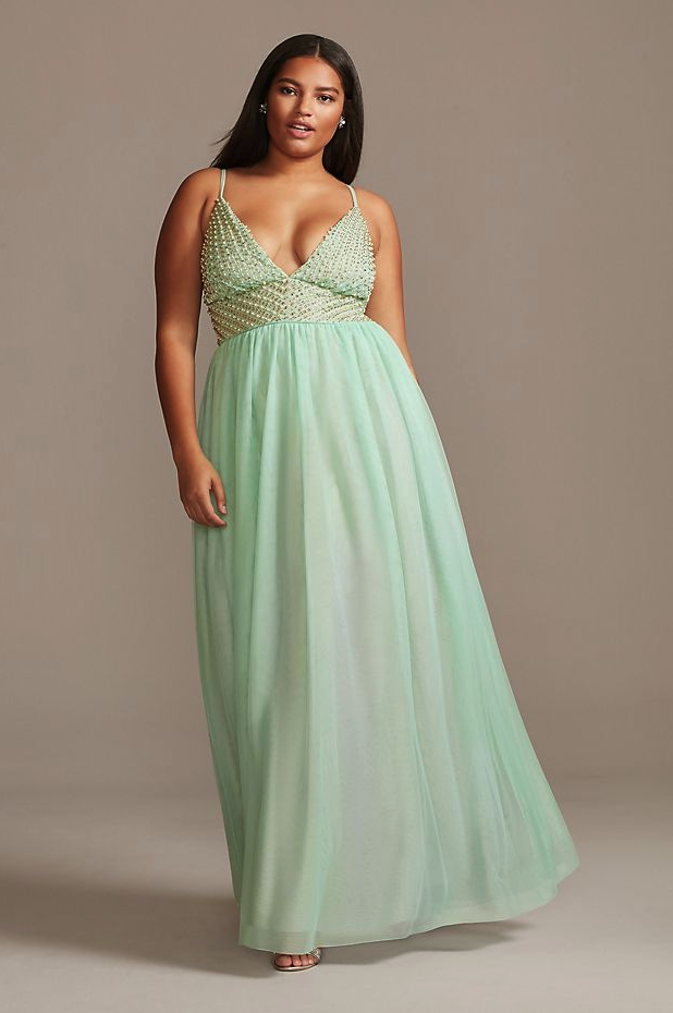 Bead and Pearl Embellished Plus Size Chiffon Gown