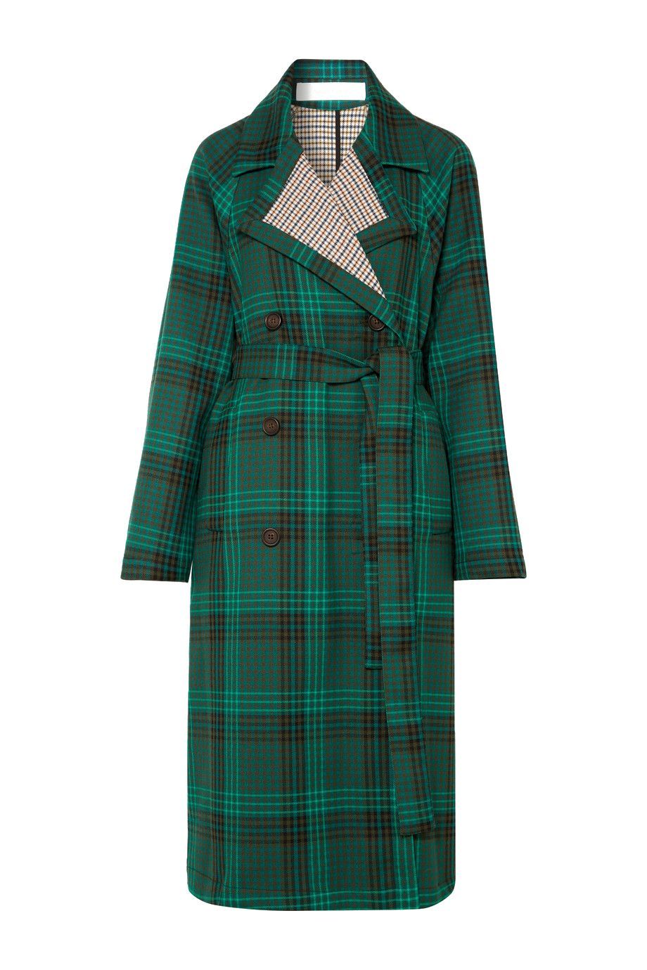 Belted Double-Breasted Checked Twill Coat
