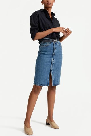 Denim Button-Front Pencil Skirt