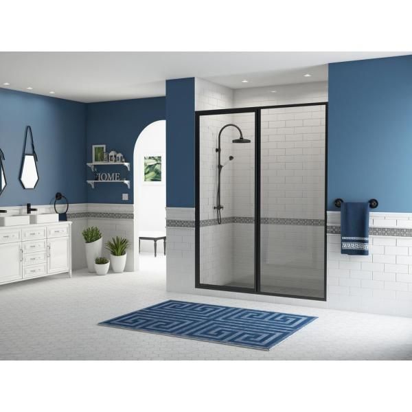 Framed Hinged Swing Shower Door with Inline Panel in Black Bronze with Clear Glass