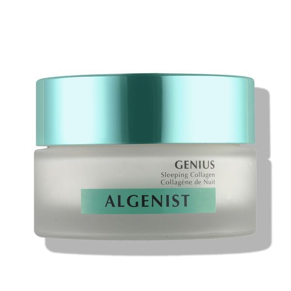 a turquoise and white jar of algenist genius sleeping collagen on a white background, good housekeeping pick for best firming night cream
