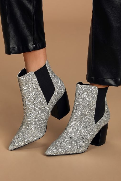 Silver Glitter Pointed Toe Ankle Booties