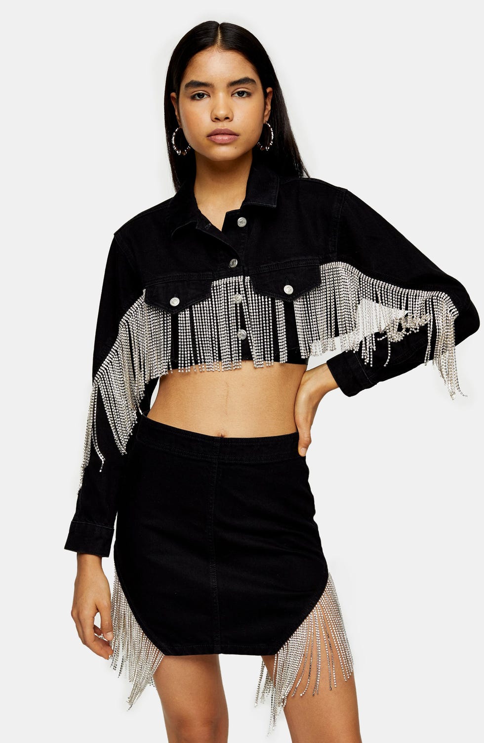 Crystal Fringe Slit Miniskirt