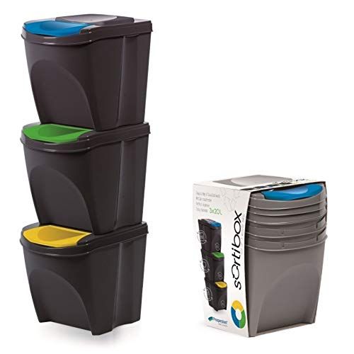 Lids 3 x 25 Litre Large GREY Stackable Waste Recycling Bins Sorting Dustbin 