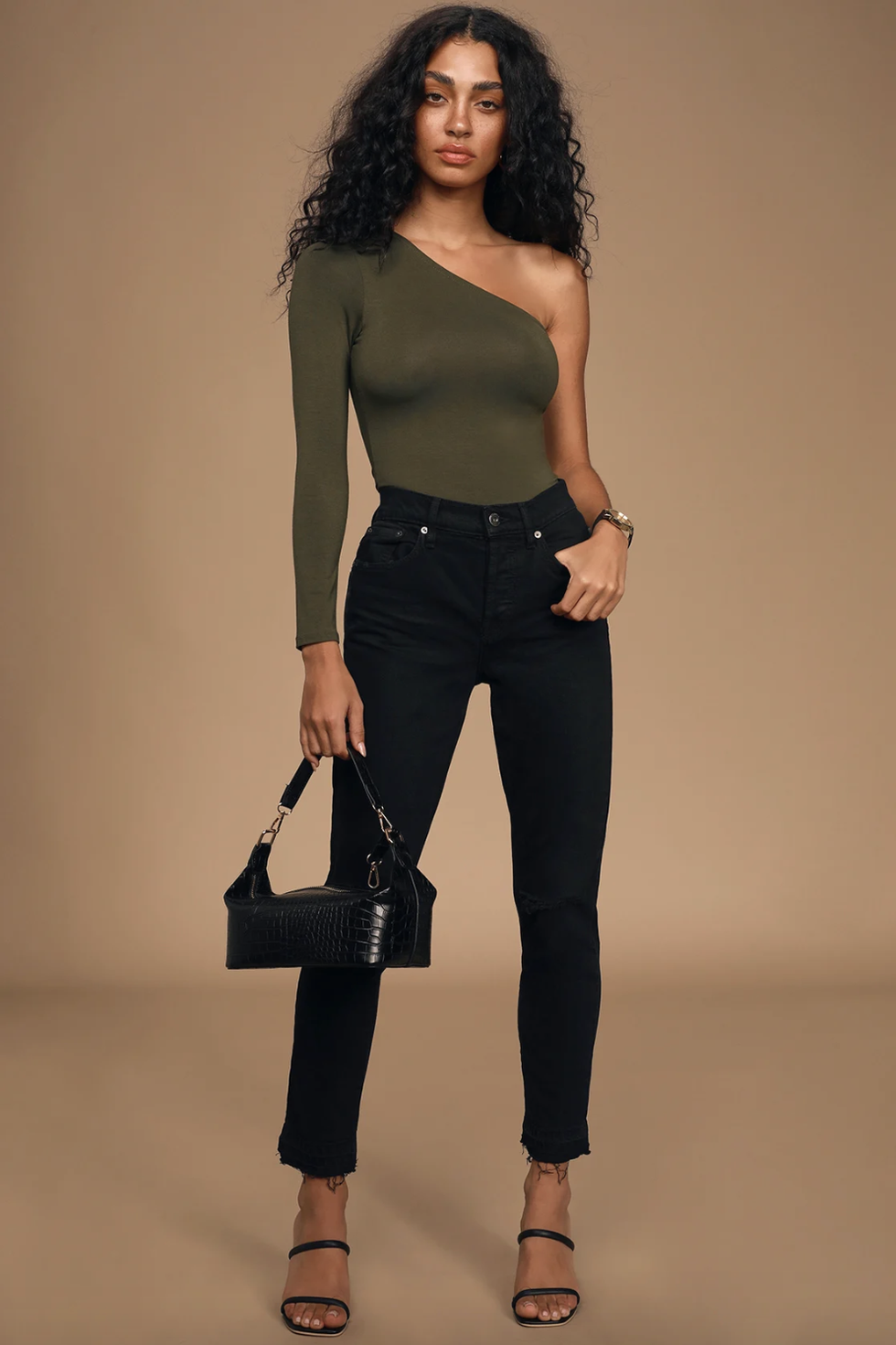 With It Olive Green Long-Sleeve One-Shoulder Top