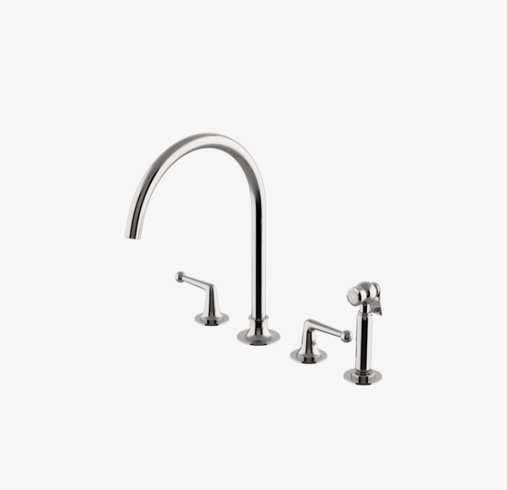 Dash Three Hole Gooseneck Kitchen Faucet with Metal Lever Handles and Spray