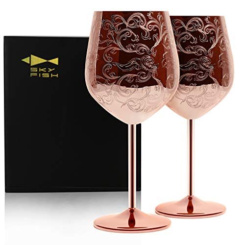 SKYFISH Etched Stainless Steel Wine Glasses With Copper Plated,Set of 2(17oz)