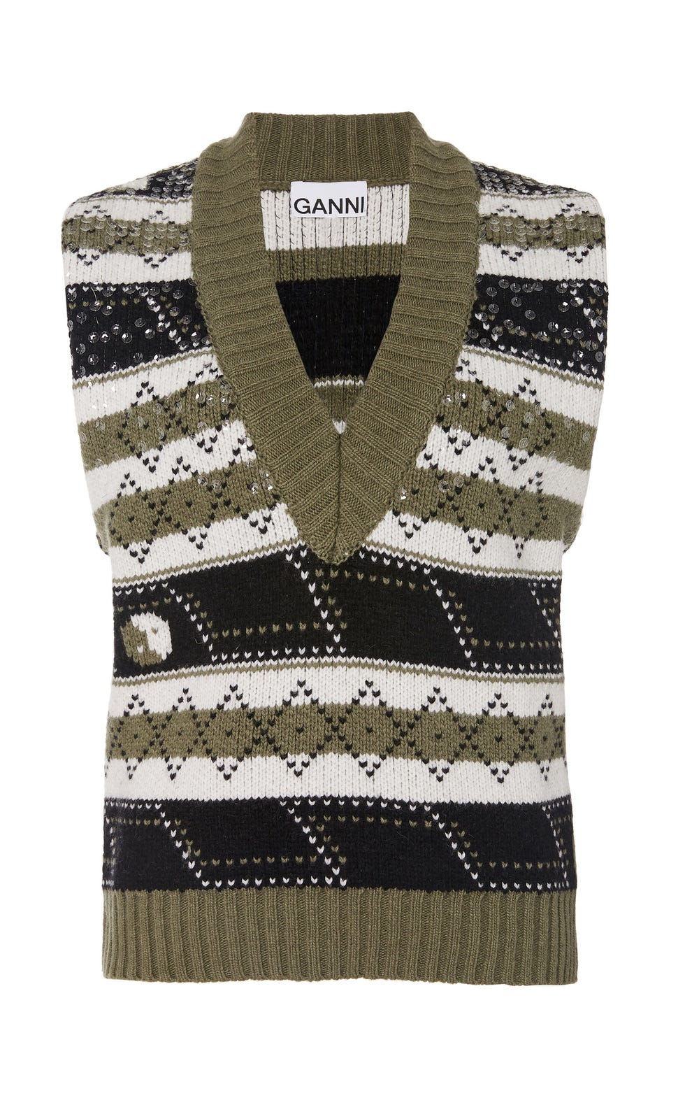 Sequined Argyle Wool-Blend Sweater Vest by Ganni