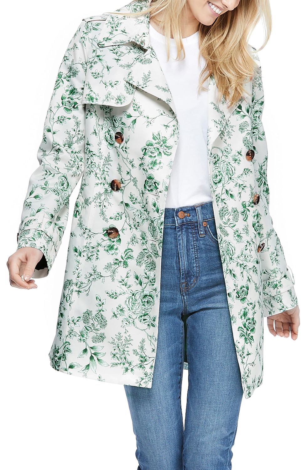 Floral Print Twill Double Breasted Trench Coat